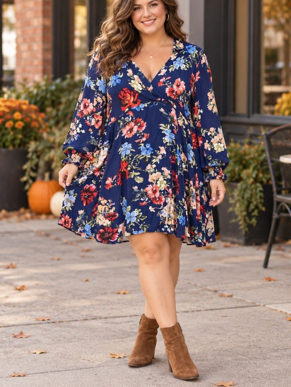 Umgee Navy Floral Boho Babydoll V-neck Mini Dress Long Sleeve Size XL